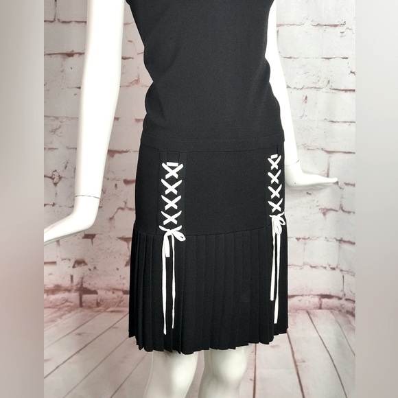 PARKER XS Kennedy Black Knit Pleated Skirt Drop Waist Lace Up Ties Tank Dress XS - Picture 12 of 16